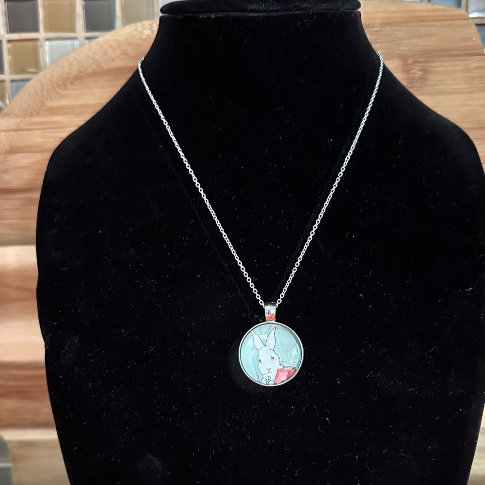 Reading Rabbit Silver and Green Pendant Necklace